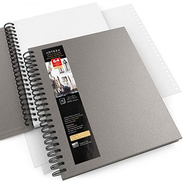 Arteza 수채화 스케치북, 9x12인치, 2팩, 회색 하드커버 저널, 64매, 140lb/300gsm 수채화 용지 패드, 수채화용 나선형 제본 책, 구아슈, 아크릴, 연필, 습식 및 건식 매체