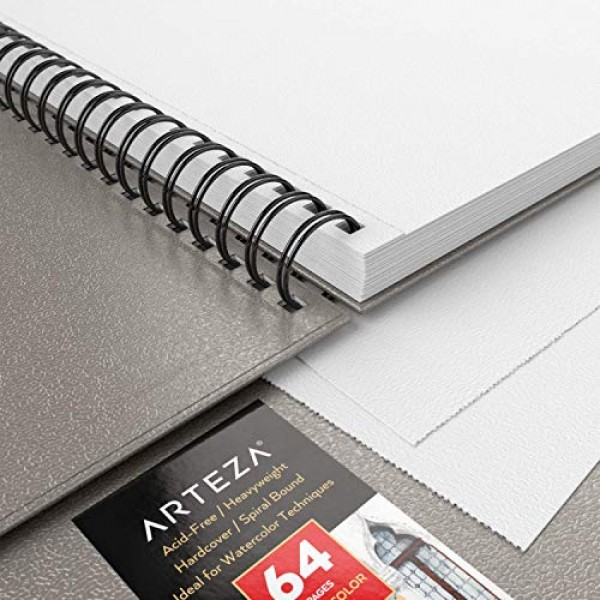 Arteza 수채화 스케치북, 9x12인치, 2팩, 회색 하드커버 저널, 64매, 140lb/300gsm 수채화 용지 패드, 수채화용 나선형 제본 책, 구아슈, 아크릴, 연필, 습식 및 건식 매체
