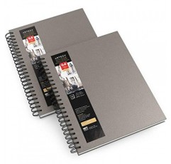 Arteza 수채화 스케치북, 9x12인치, 2팩, 회색 하드커버 저널, 64매, 140lb/300gsm 수채화 용지 패드, 수채화용 나선형 제본 책, 구아슈, 아크릴, 연필, 습식 및 건식 매체