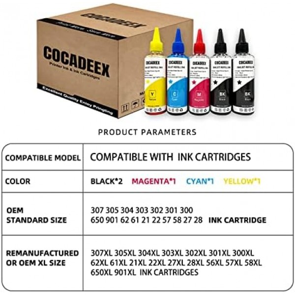 COCADEEX 리필 염료 잉크 병 Hp 307 또는 307XL 잉크 카트리지와 호환 가능, ENVY 6010 6020 6030 Pro 6420 Pro 6430 프린터용