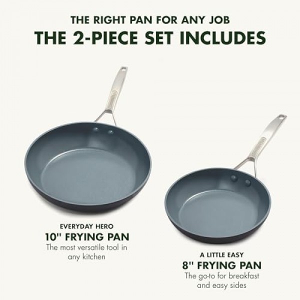 GreenPan Paris Pro 경질 양극 산화 건강 세라믹 논스틱, 8인치 및 10인치 프라이팬 프라이팬 세트, PFAS 없음, 식기세척기 사용 가능, 회색