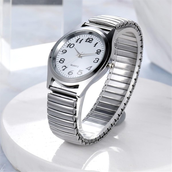 JewelryWe Men's Women's Ultra Thin Easy Reader Watch with Elastic Strap, Golden Watch for Mothers Day 아버지의 날 Silver(남성)