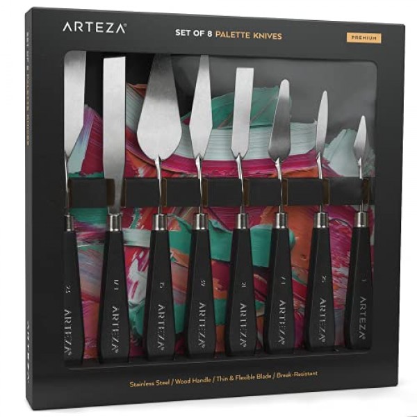 Arteza 팔레트 나이프 8팩, 크기 No. 1, 25, 7, 15, 39, 23, 17, 21, 내구성 있는 스테인레스 스틸 블레이드 및 파손 방지 나무 손잡이, 오일 및 아크릴 페인팅용 미술 용품