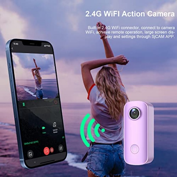 SJCAM C100+ 소형 액션 포켓 카메라 웨어러블, 4K30fps WiFi 카메라, 앱 제어, 수중 98 FT 방수, 자기, 마운트 키트가 포함된 헬멧 카메라, 32G SD 카드(보라색)