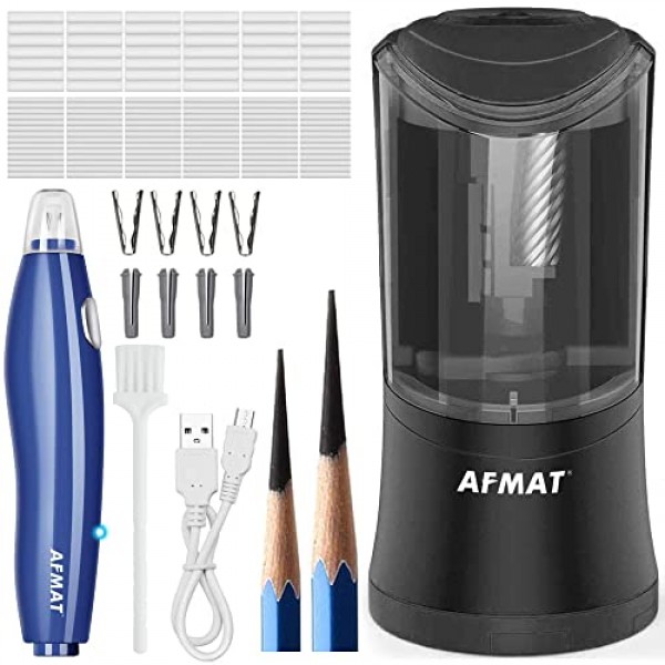 AFMAT 롱 포인트 연필깎이, 6-9.6mm 대형 연필용 충전식 아트 연필깎이, 예술가용 충전식 전기 지우개, 지우개 리필 140개