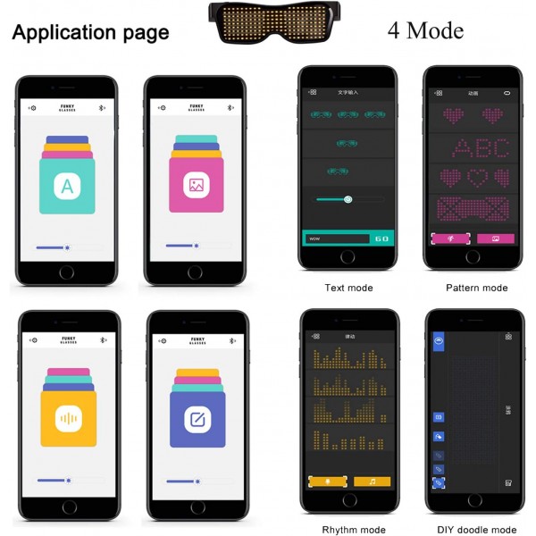 Eamples LED 안경 Bluetooth APP 제어, 4가지 모드 11개의 애니메이션, iPhone iOS Android 및 Google Play용 앱이 포함된 DIY 네온 와이어 안경, Raves Festival Clubs 테마 파티 Bluetooth 버전