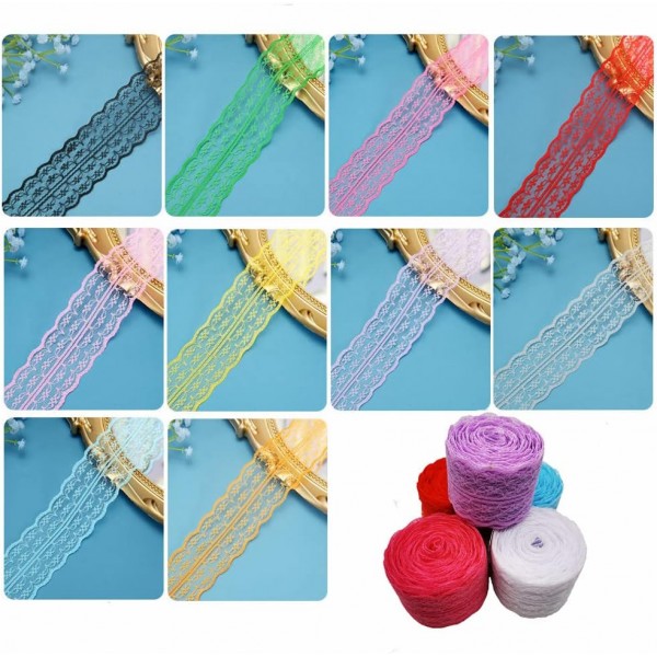 혼합 레이스 리본, 10 Pcs 여러 색상 색상 꽃 패턴 패브릭 레이스 리본, 바느질 DIY Scrapbooking 웨딩 파티 선물 상자 크리스마스 장식 10M x 45mm