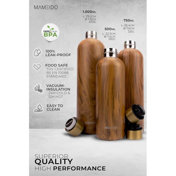 MAMEIDO 스테인리스 물병 1l White Marble Gold - 누수 방지 보온병, 물병 BPA free, 진공 플라스크, 마시는 병 스테인리스 커피 & 차 1000ml White Marble Gold