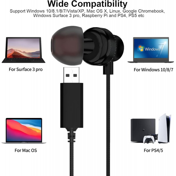 마이크가 있는 PC 헤드셋, USB PC 헤드폰 게임용 헤드셋 와이어가 있는 인이어 HiFi 스테레오 이어폰(노이즈 캔슬링 볼륨 컨트롤 포함) PS4용 컴퓨터 헤드셋 PS5 노트북 데