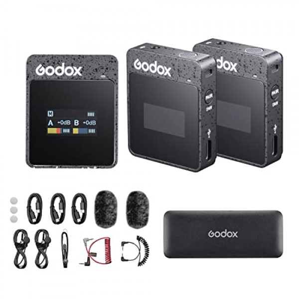 GODOX MoveLink II M2 무선 마이크 시스템(전방향성 라발리에 송신기 마이크 2개, 2.4GHz 전송 100m 작동 범위 + 충전 케이스 포함)
