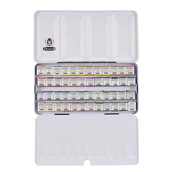 Schmincke - 48가지 최고급 수채화가 포함된 HORADAM® AQUARELL 컬러 박스, 74448097, 블랙 메탈 박스, 페인팅 세트, 프리미엄 수채화, 48 x 1/2 팬