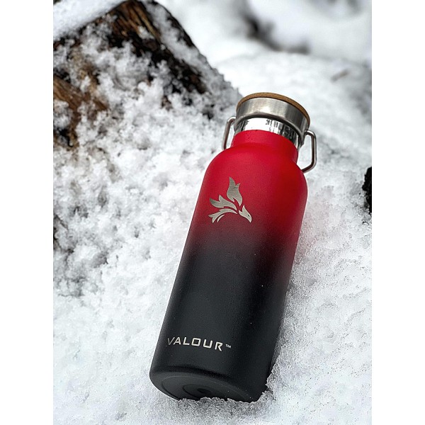 VALOR 대나무 뚜껑이 있는 이중 벽 스테인리스 스틸 병 - 500ml / 1L 진공 절연 물병 남성, 여성, 아동 - BPA 무료 - 여행, 스포츠, 체육관용 경량 스테인리스 물병 레드 - 블랙