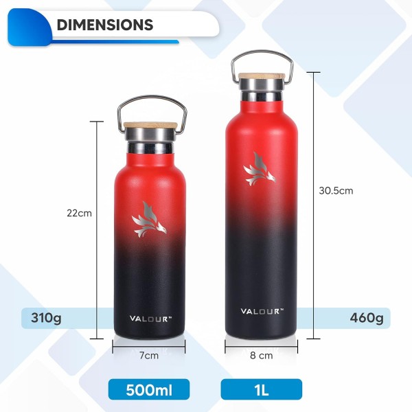 VALOR 대나무 뚜껑이 있는 이중 벽 스테인리스 스틸 병 - 500ml / 1L 진공 절연 물병 남성, 여성, 아동 - BPA 무료 - 여행, 스포츠, 체육관용 경량 스테인리스 물병 레드 - 블랙