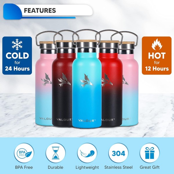 VALOR 대나무 뚜껑이 있는 이중 벽 스테인리스 스틸 병 - 500ml / 1L 진공 절연 물병 남성, 여성, 아동 - BPA 무료 - 여행, 스포츠, 체육관용 경량 스테인리스 물병 레드 - 블랙