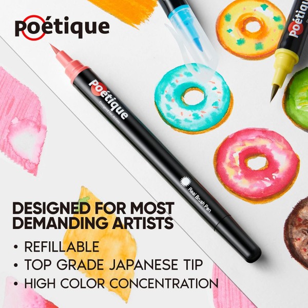 Poétique 브러시 펜 24색 - 유연한 브러시 팁이 있는 브러시 펜 세트, 높은 피그먼트 수, 전문가용 수채화 연필, 아티스트 페인팅, 소묘 및 서예용 핸드 레터링 펜