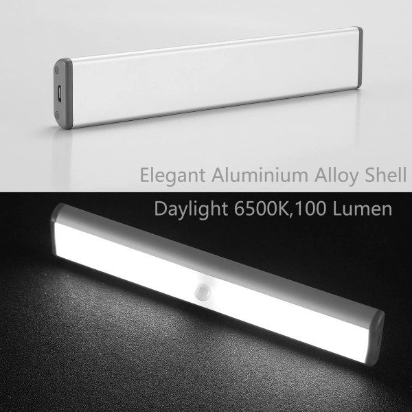Moston 10 LED 마그네틱 모션 센서 옷장 조명, 찬장 캐비닛 조명 아래 자동 켜기/끄기, 충전식 배터리 전원 감지 야간 조명, 어디서나 부착 가능(실버 알루미늄, 2 팩) 흰색 
