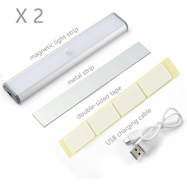 Moston 10 LED 마그네틱 모션 센서 옷장 조명, 찬장 캐비닛 조명 아래 자동 켜기/끄기, 충전식 배터리 전원 감지 야간 조명, 어디서나 부착 가능(실버 알루미늄, 2 팩) 흰색 