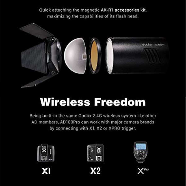 Godox AD100Pro 100Ws TTL 2.4G 1/8000 HSS 실외 플래시 라이트, 2600mAh 배터리 0.01-1.5s 재활용, AK-R1 둥근 헤드 액세서리 키트 포함, 3색 디퓨저
