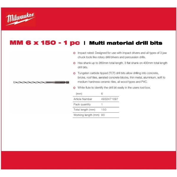 밀워키 4932471097 육각 드릴 비트, 다중 소재, 1/4 크기, 직경 6mm, 길이 150mm