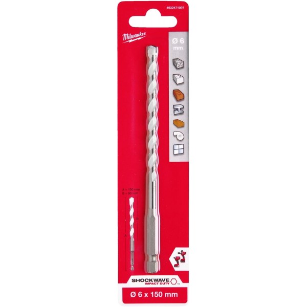 밀워키 4932471097 육각 드릴 비트, 다중 소재, 1/4 크기, 직경 6mm, 길이 150mm