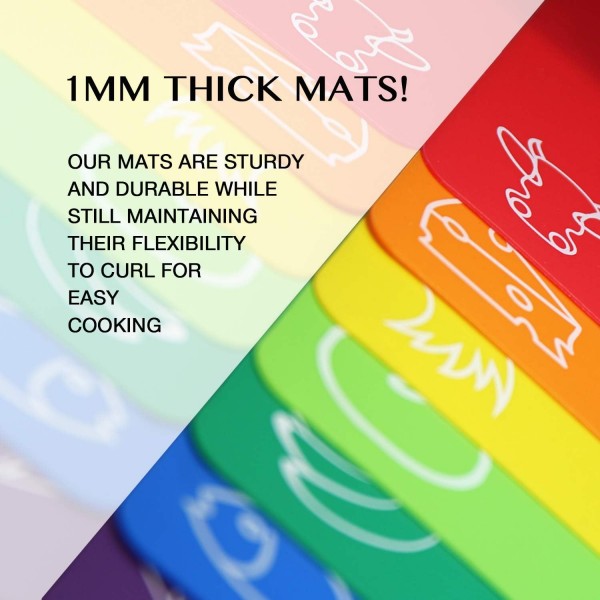 플라스틱 주방 도마, Fotouzy Flexible Mats with Food Symbols, BPA-Free, Non-Porous, Non-Slip Backing 및 식기세척기 안전, 7+1 7 Rainbow+1 Clear Colors 세트