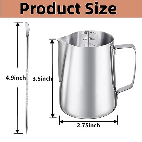 스테인레스 스틸 304, 12oz/350ml, 체크 표시가 있는 에스프레소 스팀 투수, 장식용 아트 펜, 스테인레스 스틸 우유 거품기 투수 커피 라떼 아트 컵 스팀 투수