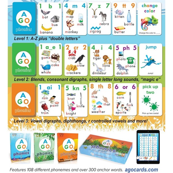 AGO Phonics 카드 게임(3레벨 박스 세트). 재미있는 카드 게임을 하면서 읽기 능력을 키우고 단어와 파닉스 소리를 배우세요!
