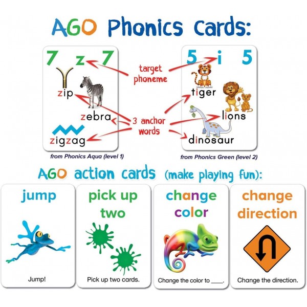 AGO Phonics 카드 게임(3레벨 박스 세트). 재미있는 카드 게임을 하면서 읽기 능력을 키우고 단어와 파닉스 소리를 배우세요!