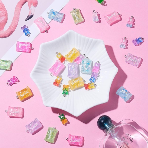 Ornaland 44 Pcs 여성을위한 다채로운 거미 곰 수 지 곰 매력 열쇠 고리 목걸이에 대 한 수 제 수 지 사탕 철자 보석 만들기 스타일 5