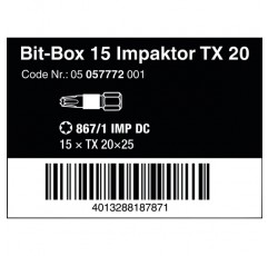 Wera Bit-Box 15 Impaktor TX20 마찰 충격 비트, 캠아웃 방지 Torx 20x25mm, 15개 팩, 05057772001(897 4 IMP 홀더와 함께 사용)