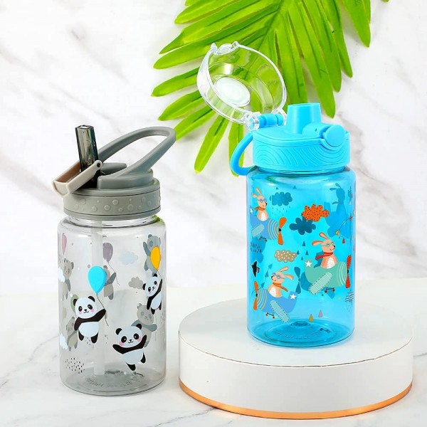 Home Tune 키즈 물병 - Tritan BPA Free, 푸시 버튼, 물통 뚜껑, Sip Straw 뚜껑, 캐리 루프, 가벼운 누수 방지 물병 - 470ml 2팩 Panda & Airplane Panda & Airplane