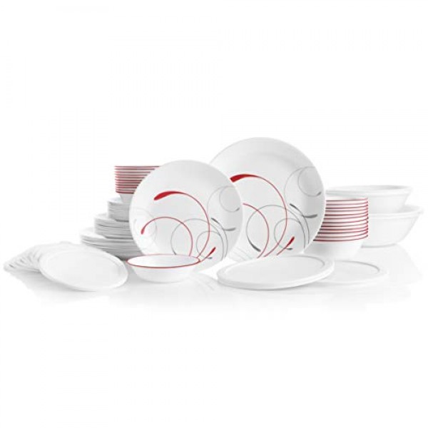 Corelle Vitrelle 12개 식기 세트용 78피스 서비스, 삼중 유리 및 칩 방지, 경량 원형 접시 및 그릇 세트, 스플렌더 및 유리 28온스 빨간색 밴드 그릇 6pk