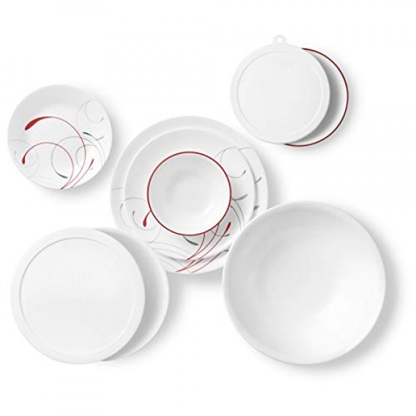 Corelle Vitrelle 12개 식기 세트용 78피스 서비스, 삼중 유리 및 칩 방지, 경량 원형 접시 및 그릇 세트, 스플렌더 및 유리 28온스 빨간색 밴드 그릇 6pk
