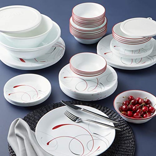 Corelle Vitrelle 12개 식기 세트용 78피스 서비스, 삼중 유리 및 칩 방지, 경량 원형 접시 및 그릇 세트, 스플렌더 및 유리 28온스 빨간색 밴드 그릇 6pk