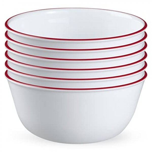 Corelle Vitrelle 12개 식기 세트용 78피스 서비스, 삼중 유리 및 칩 방지, 경량 원형 접시 및 그릇 세트, 스플렌더 및 유리 28온스 빨간색 밴드 그릇 6pk