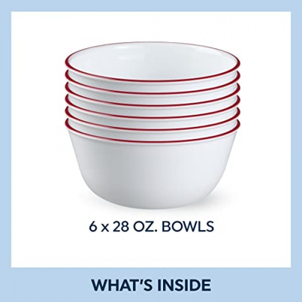 Corelle Vitrelle 12개 식기 세트용 78피스 서비스, 삼중 유리 및 칩 방지, 경량 원형 접시 및 그릇 세트, 스플렌더 및 유리 28온스 빨간색 밴드 그릇 6pk