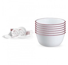 Corelle Vitrelle 12개 식기 세트용 78피스 서비스, 삼중 유리 및 칩 방지, 경량 원형 접시 및 그릇 세트, 스플렌더 및 유리 28온스 빨간색 밴드 그릇 6pk