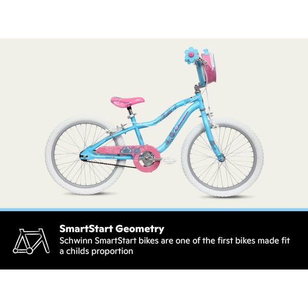 Schwinn Mist Kids Bike, 블루/핑크 플라워 디자인, 20인치 자전거 바퀴, 6-13세 소녀 또는 소년, 권장 라이더 신장 122-152cm 싱글