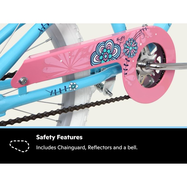 Schwinn Mist Kids Bike, 블루/핑크 플라워 디자인, 20인치 자전거 바퀴, 6-13세 소녀 또는 소년, 권장 라이더 신장 122-152cm 싱글