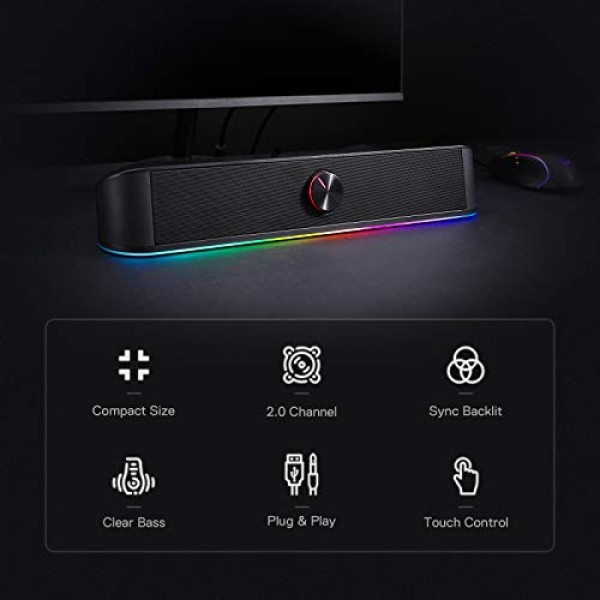 Redragon GS560 Adiemus RGB 데스크탑 사운드바, 동적 조명 바가 있는 2.0채널 컴퓨터 스피커, 오디오 조명 동기화/디스플레이, 볼륨 조절 기능이 있는 터치 제어 백라이트, USB 