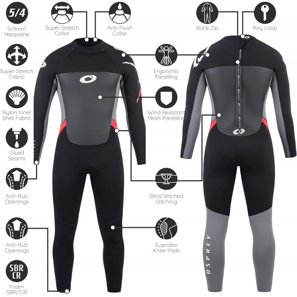 Osprey 남성용 전체 길이 5mm 잠수복, 겨울 잠수복, 성인 네오프렌 서핑 다이빙 잠수복, 프로, 블랙 레드 S