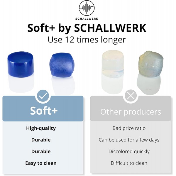 Schallwerk ® Soft+ 수면용 실리콘 귀마개 12개 – 수면 청력 보호 장치로 최적의 지원 – 부드러운 귀마개 – 소음 차단 귀마개