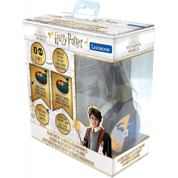 Lexibook - Warner Harry Potter - 2-in-1 블루투스 유선 오디오 헤드폰 스테레오 무선 유선 제한 사운드 접이식 조절식 충전식 배터리 블랙/그레이 HPBT010HP