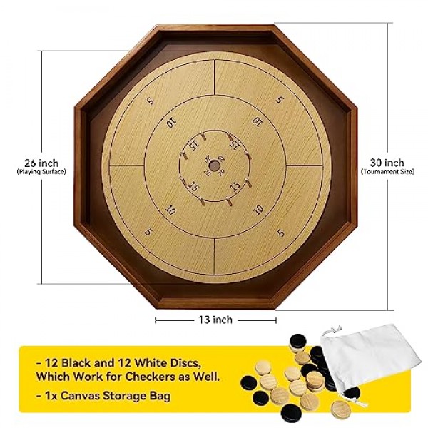 토너먼트 크로키놀 보드 게임 30인치, 2 in 1 크로키놀 및 체커, 26인치 플레이 표면, 금속 못, 나무 팔각형 가족 및 친구를 위한 캐나다 탁상용 보드 게임 크로키놀