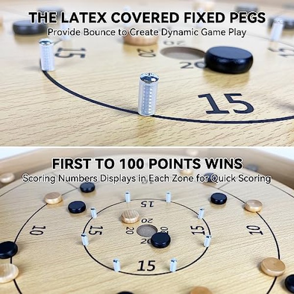 토너먼트 크로키놀 보드 게임 30인치, 2 in 1 크로키놀 및 체커, 26인치 플레이 표면, 금속 못, 나무 팔각형 가족 및 친구를 위한 캐나다 탁상용 보드 게임 크로키놀