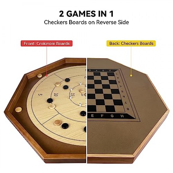 토너먼트 크로키놀 보드 게임 30인치, 2 in 1 크로키놀 및 체커, 26인치 플레이 표면, 금속 못, 나무 팔각형 가족 및 친구를 위한 캐나다 탁상용 보드 게임 크로키놀
