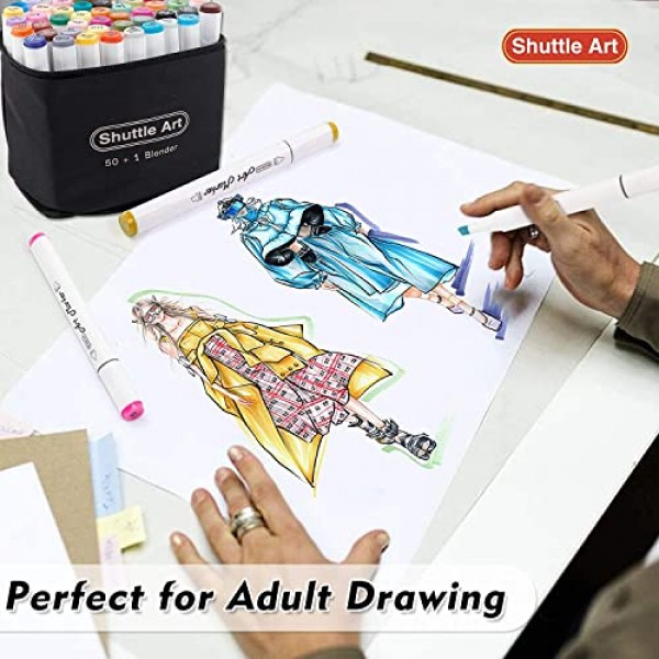 셔틀 아트 51가지 색상 듀얼 팁 알코올 기반 아트 마커, 50가지 색상 + 블렌더 1개 영구 마커 펜 일러스트레이션 성인 컬러링 스케치 및 카드 제작에 적합한 케이스 포함