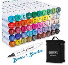 셔틀 아트 51가지 색상 듀얼 팁 알코올 기반 아트 마커, 50가지 색상 + 블렌더 1개 영구 마커 펜 일러스트레이션 성인 컬러링 스케치 및 카드 제작에 적합한 케이스 포함
