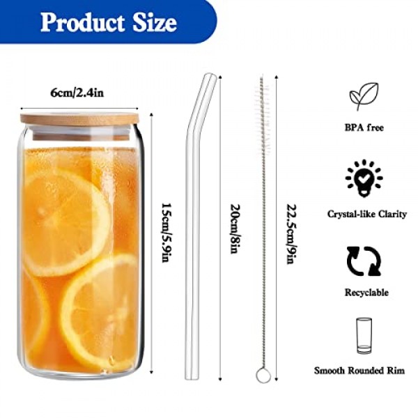 대나무 뚜껑과 유리 빨대가 있는 Vozoka 마시는 안경, 4 세트 16oz 아이스 커피 컵, 뚜껑과 빨대가 있는 유리 컵, 맥주 잔, 물, 칵테일, 위스키, 소다, 선물에 이상적