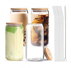 대나무 뚜껑과 유리 빨대가 있는 Vozoka 마시는 안경, 4 세트 16oz 아이스 커피 컵, 뚜껑과 빨대가 있는 유리 컵, 맥주 잔, 물, 칵테일, 위스키, 소다, 선물에 이상적